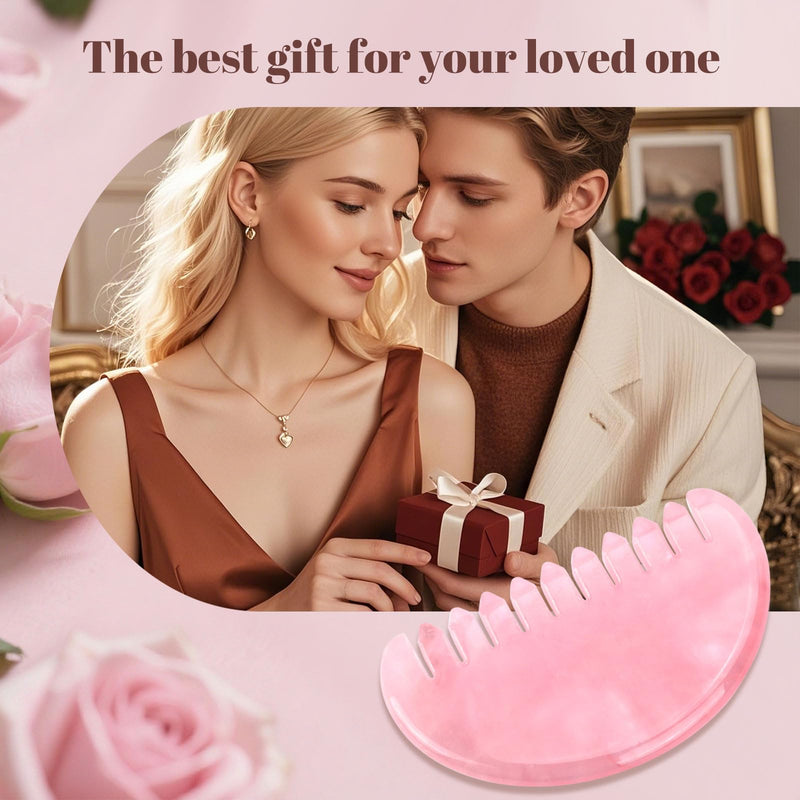 ideayard Gua Sha Comb for Women Head Scalp Massage Tool Hand Made Rose Quartz Comb Polished Round Tooth Point Massager Therapy Tool for Gift