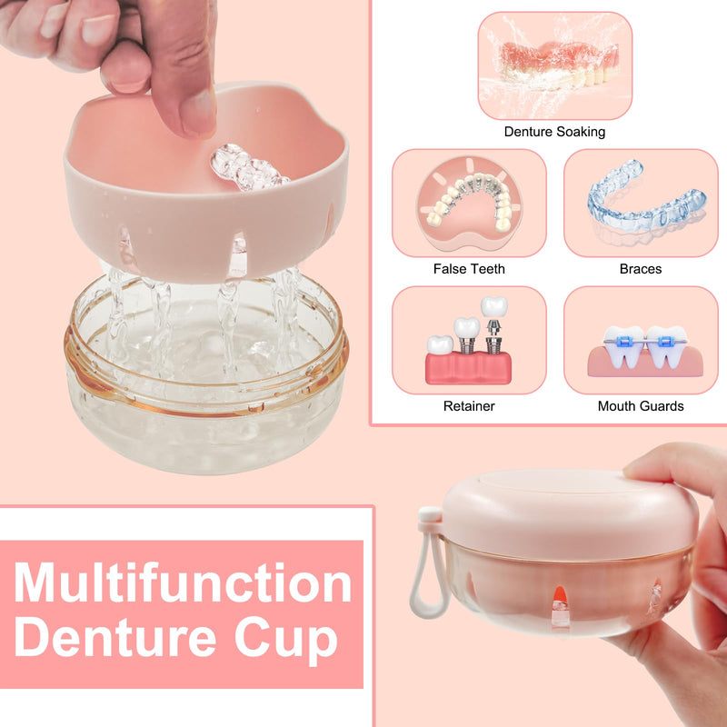 [Australia] - Denture Case & Cup, Travel Retainer Case with Mirror, No-Leak False Teeth Cleaning Container: Full & Partial Dentures Soaking, Denture Bath Holder for Mouth Guards, Braces, Aligners (Pink) Pink 