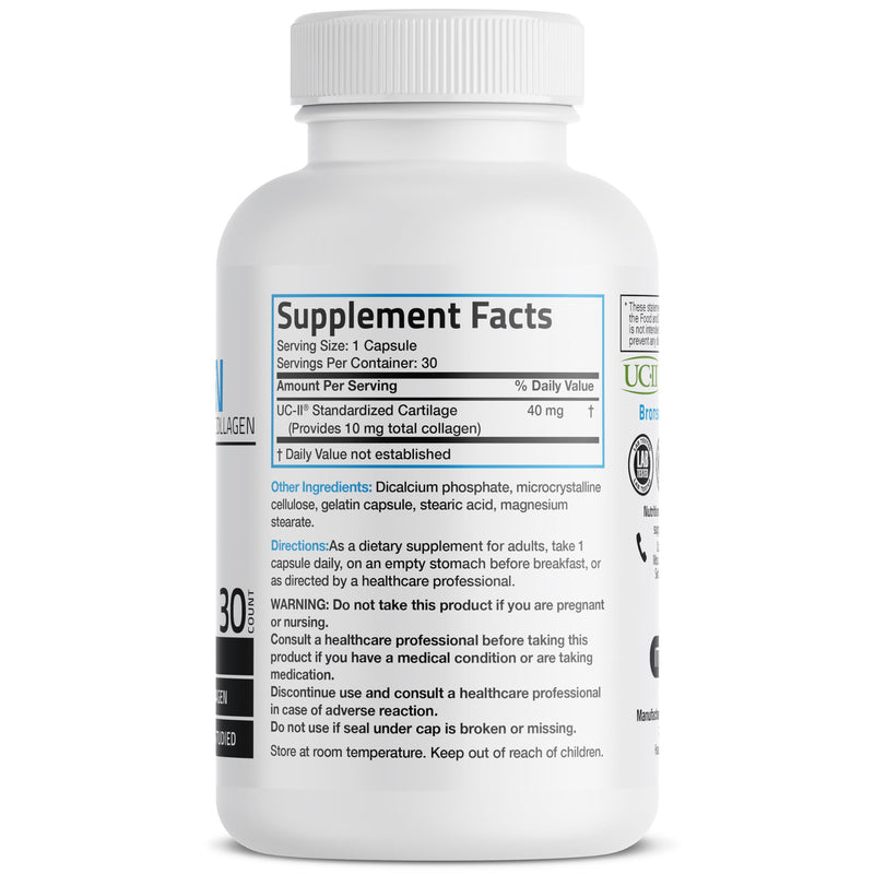 Bronson UC-II Undenatured Type II Collagen Joint Support, 30 Capsules | 40 mg UC-II Standardized Cartilage, 10 mg Total Collagen, Clinically Studied, Once-Daily