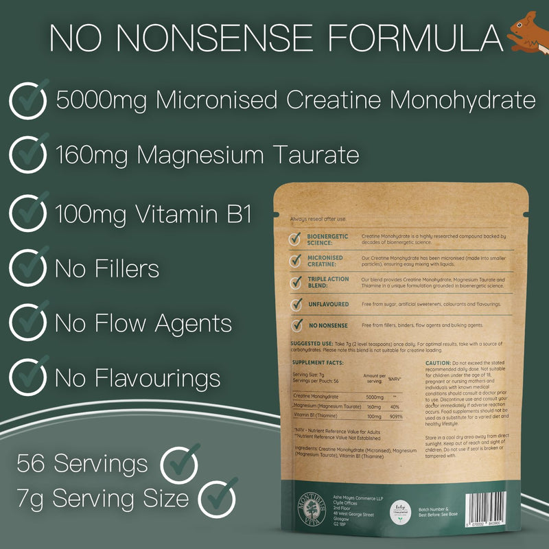Creatine Monohydrate with Magnesium Taurate & Vitamin B1 | 5g Micronised Creatine | ~56 Servings | Strength, Recovery & Focus | Unflavoured | Vegan | UK Made | Montibus Vita