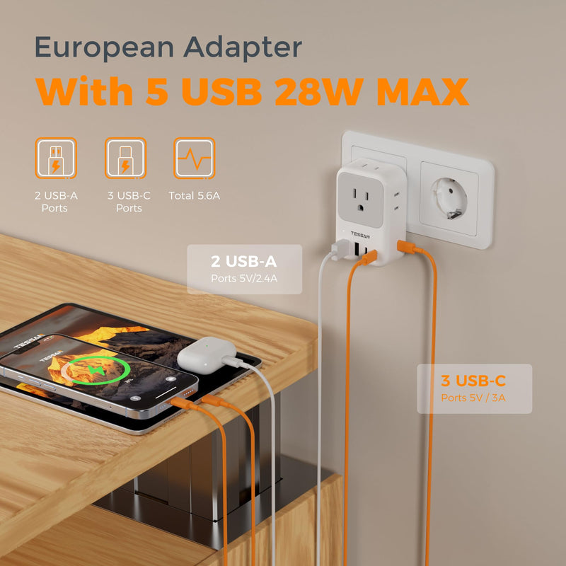 TESSAN European Travel Plug Adapter, Foldable EU Plug, PD 28W | 4 AC Outlets & 5 USB Ports (3 USB-C), Type C Power Adapter for Italy France Germany Spain Greece Iceland White grey-Type C(3 USB C 28W)