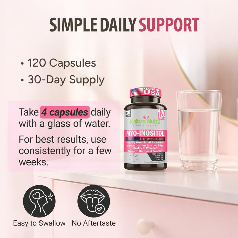 Kaibro Nutra Myo-Inositol & D-Chiro Inositol 40:1 Supplement - 2050mg | Hormone Balance & Ovarian Support for Women with Vitamin B8, Vegan, Non-GMO (120 Capsules) 120 Count (Pack of 1)