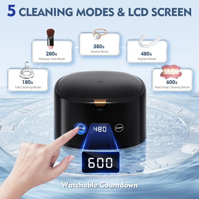 [Australia] - Ultrasonic Retainer Cleaner, 45kHz Sonic Retainer Cleaner Machine Dental Cleaning Pod for Dentures, Mouth Guards, Braces, Toothbrush Heads, Jewelry, 5 Modes for All Dental Appliances (Black) Black 
