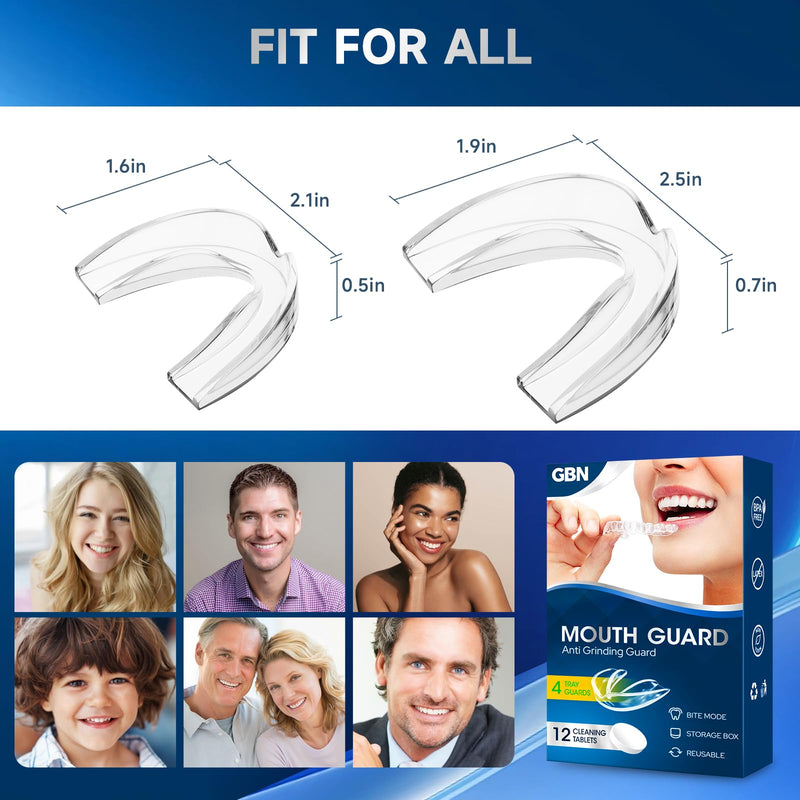 GBN Mouth Guard - Custom Fit Night Guards for Grinding Teeth at Night - Comfortable Mouth Guard - Nightguard with 2 Sizes, 12 Cleaning Tablets