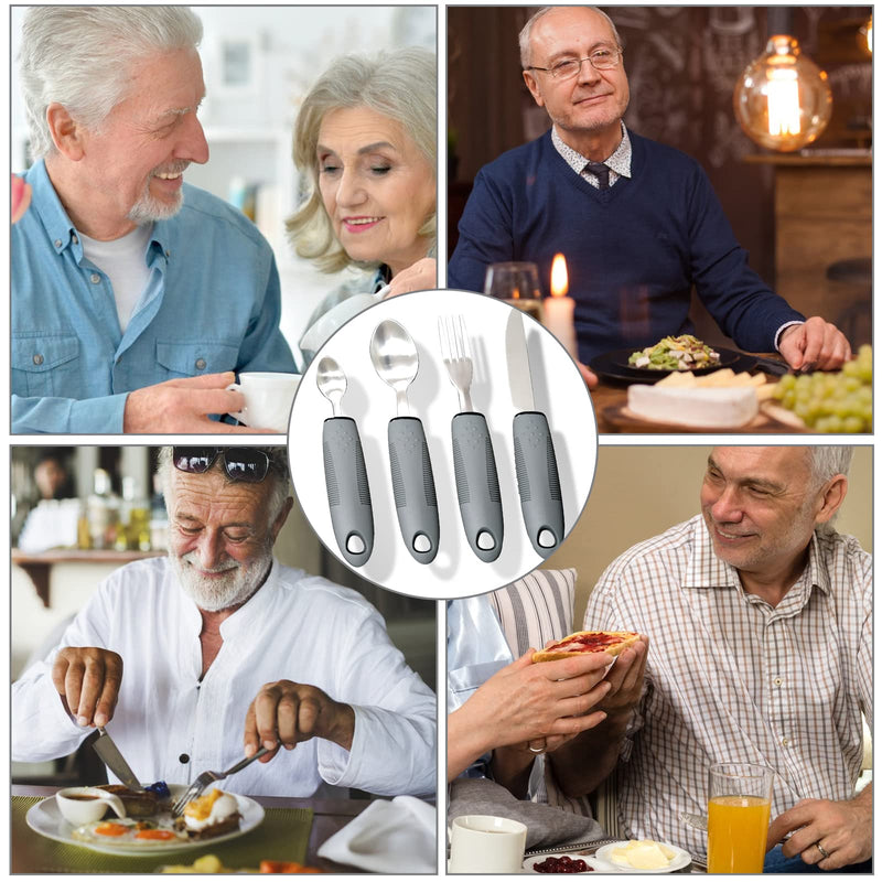 Easy Grip Cutlery Set of 4 Gray Disability Aids with Knife Fork Spoon Large Wide Handled Arthritis Hands Aids Cutlery Adaptive Eating Drinking Utensils for Disabled People Elderly Parkinson