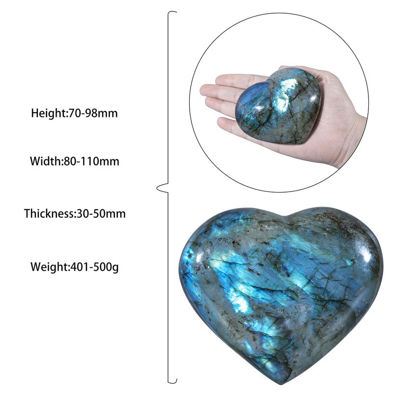 moonsix Natural Heart-Shaped Labradorite Crystal Palm Worry Stone, 401-500g | Polished Love Stone for Wedding Party Home Office Decoration, Healing Pocket Worry Crystal Chakra Balancing Meditation 2.76-3.86 Inch Blue
