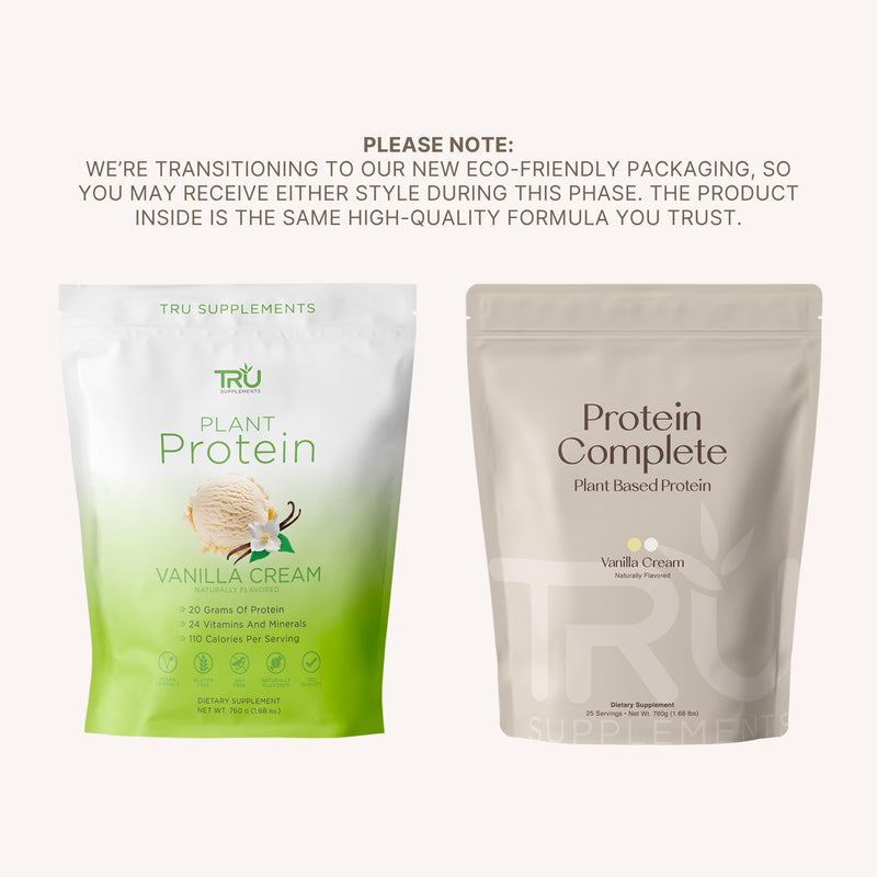 TRU Supplements Plant Based Protein Powder, BCAA, EAA, 20g Vegan Brown Rice & Pea Protein, 100 Calories, 27 Vitamins, No Artificial Flavors 25 Servings (Vanilla Cream) Vanilla