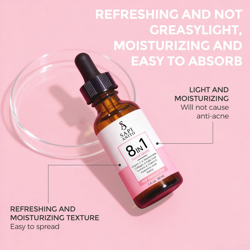 Sapi Anito 8-in-1 Sensitive Face Serum, Vitamin C, Niacinamide, Collagen, Kojic Acid, Turmeric, Vitamin E, Hyaluronic Acid & Retinol, Lightweight Hydrating Serum for Sensitive Skin, 1 fl oz (30 ml)