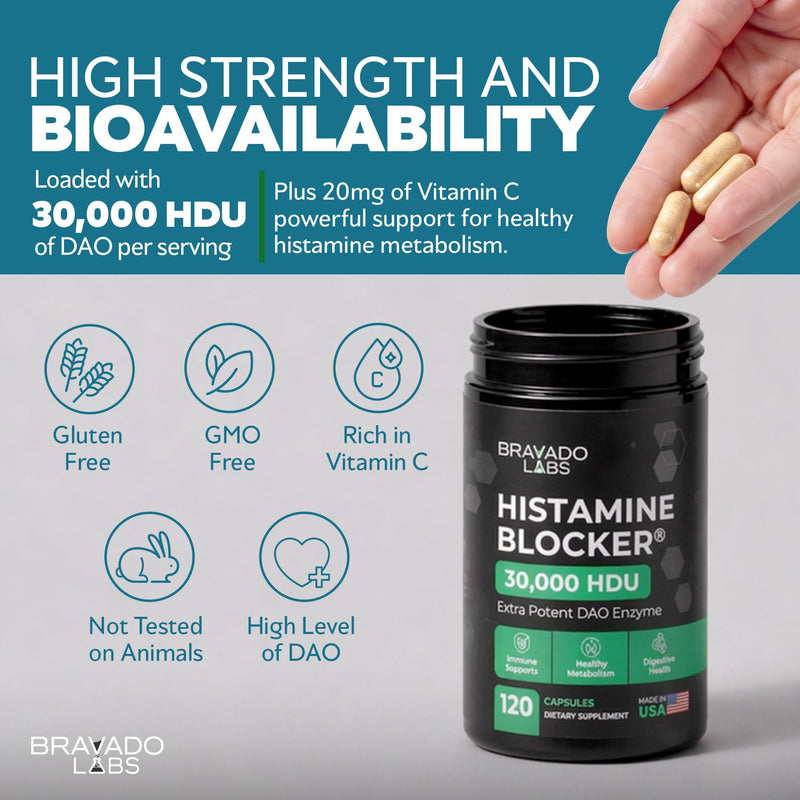 DAO Enzyme Histamine Blocker - Extra Strength 30,000 HDU Supplement | Diamine Oxidase DAO Supplements Histamine Blocker & Vitamin C for Daily Histamine Metabolism & Immune Support - 120 Capsules