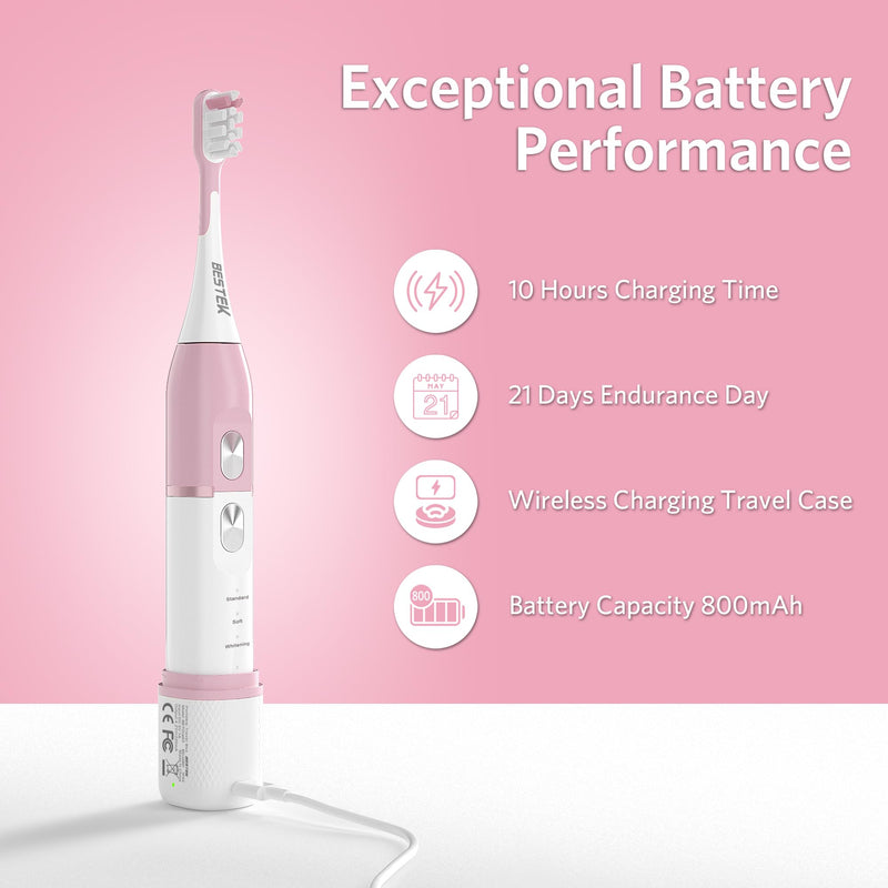 [Australia] - BESTEK Sonic Electric Toothbrush with IPX67 Waterproof, Powerful Cleaning Rechargeable Toothbrush with Multiple Modes & Smart Timer, 2 Replacement Brush Head & 1 Travel Case - Pink 