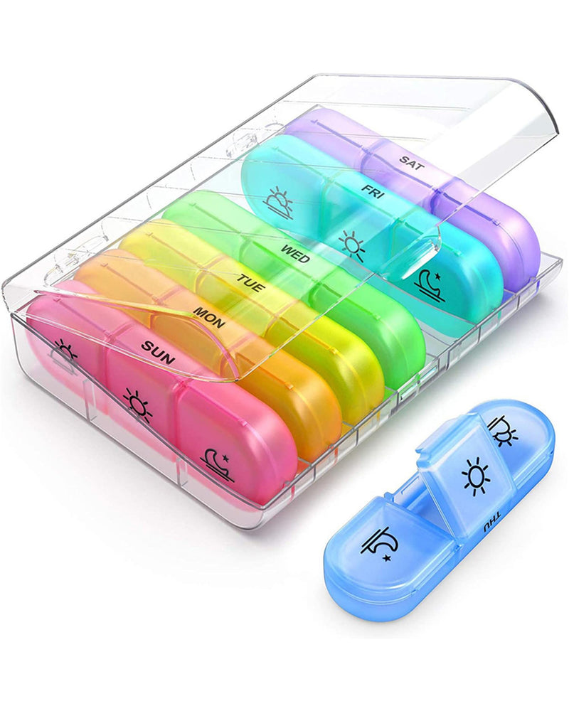 SPRING SEAON Weekly Pill Organizer Travel Pill Case Vitamins Box for Pills 3 Times a Day Extra Large Capacity Durable Hinge Easy Open Lids Medicine Container (Black & Colorful Options) White