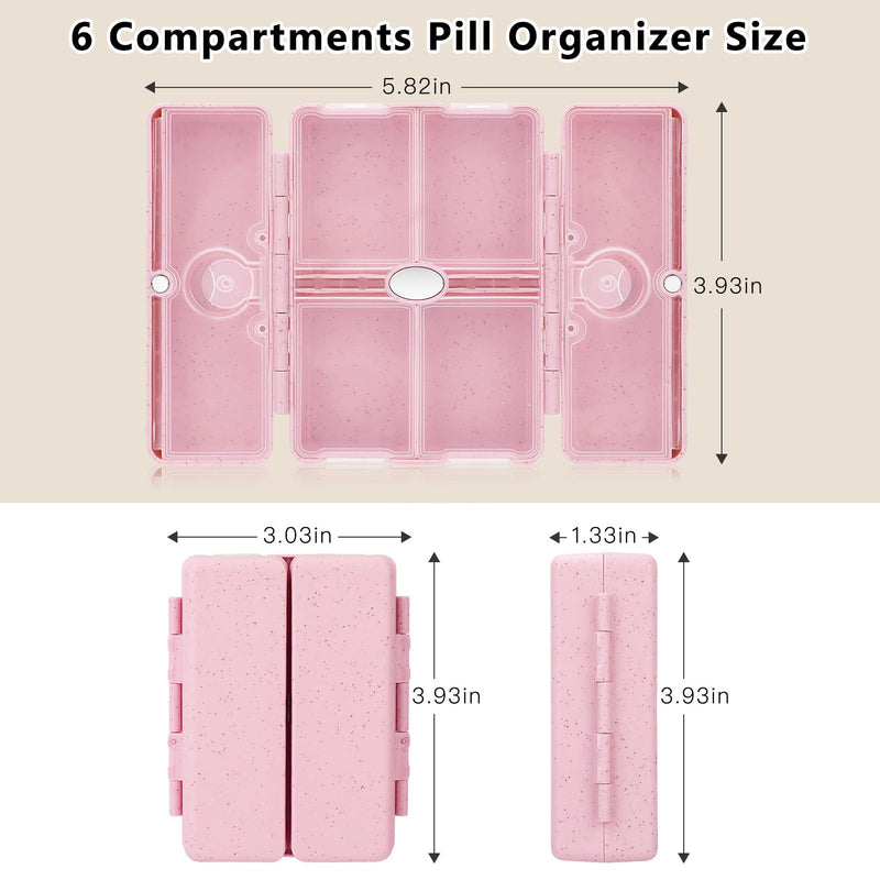 FYY Travel Pill Organizer, 6 Compartments Pill Case with Blank Lables-Pink | Easy to Use, Privacy Protection Medicine Pill Organizer for Medication, Vitamins, Fish Oils,Supplements,Cotton Swabs,Bandages Pink M