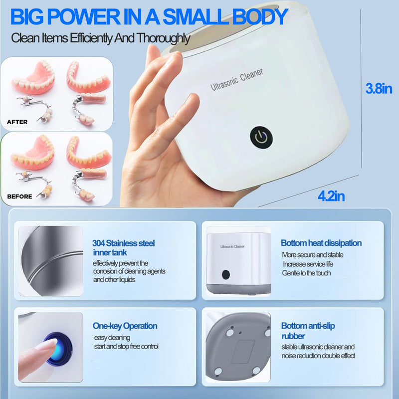 [Australia] - Ultrasonic Cleaner, 43000Hz Ultrasonic Glasses Cleaner, 2 Time Modes Ultrasonic Cleaner 360° Deep Cleaning for Cleaning Jewelry, Dentures, Watches, Glasses, Rings, Necklaces White 