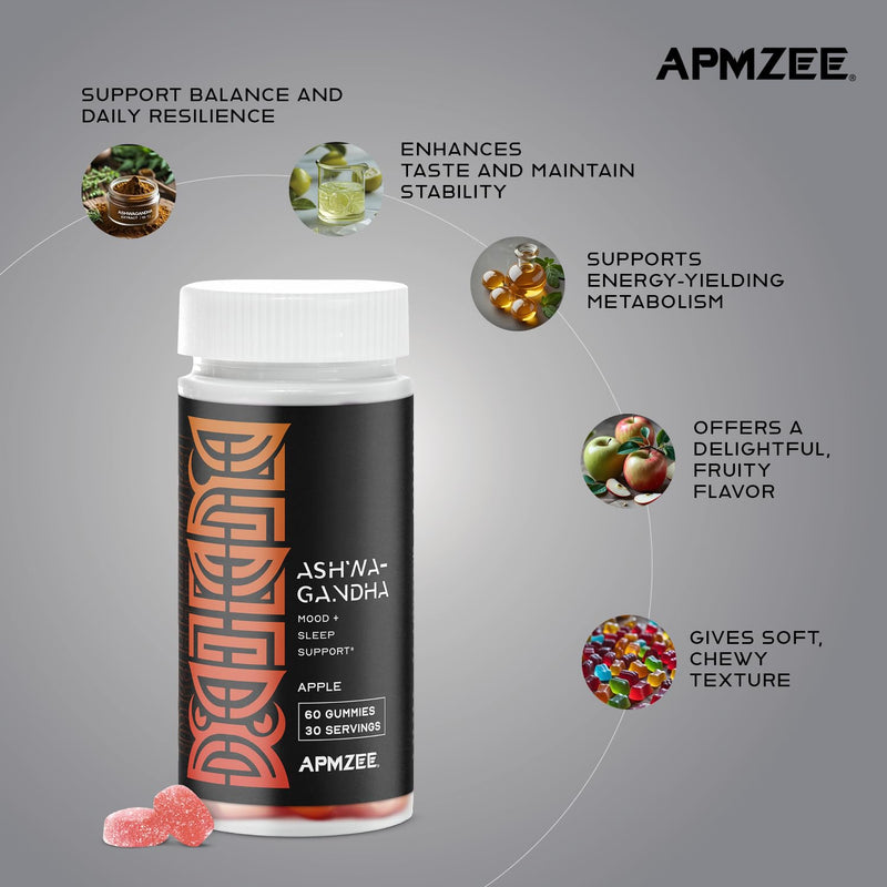 AMPZEE Ashwagandha Gummies 300mg with Vitamin B6 | 60 Apple Flavour Vegan Gummies | Ashwagandha Supplement for Stress, Sleep & Mood Support | Daily Multivitamin Gummies