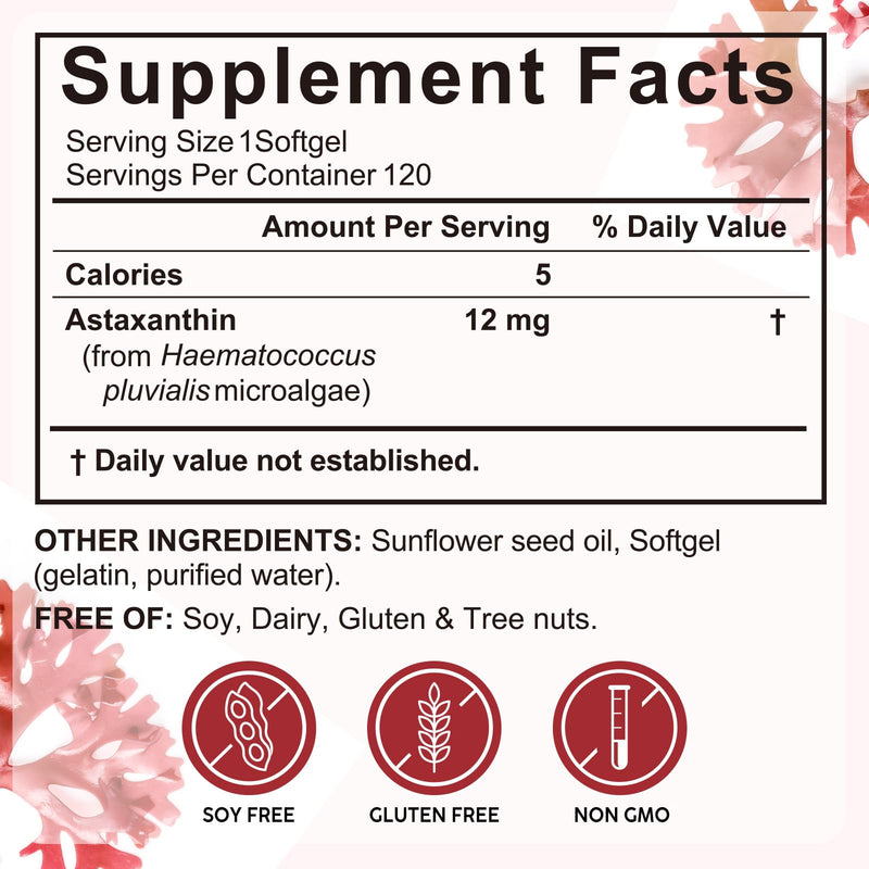 Astaxanthin Supplement 12mg - 120 Softgels, Premium Astaxanthin Antioxidant Supplements, Fresh Microalgae Source | Supports Eye, Joint, Internal Circulation, Skin Health & Natural Tanning 120 count (Pack of 1)