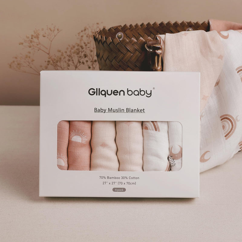 [Australia] - GLLQUEN BABY Receiving Blanket Boy Cotton Muslin Swaddle Blankets Girl Newborn Squares Breathable & Soft Thin Baby Blankets Cloths Double Absorbent Infant Swaddling Wrap - 6 Pack (Sun) Sun 