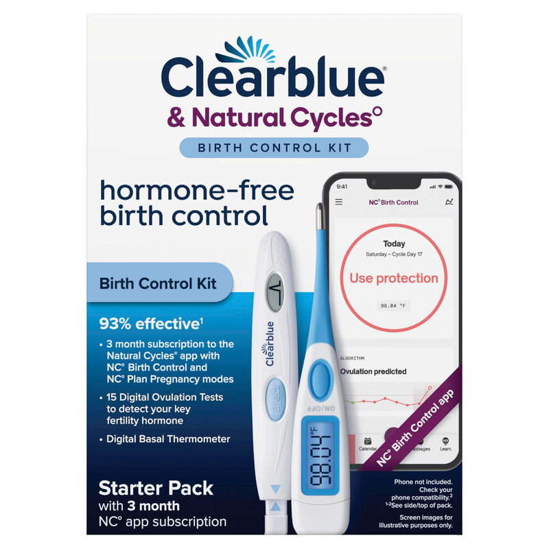 Clearblue & Natural Cycles Hormone-Free Birth Control Kit Starter Pack, 3 Month Subscription to The Natural Cycles app, 15 Digital Ovulation Tests, 1 Digital Basal Thermometer