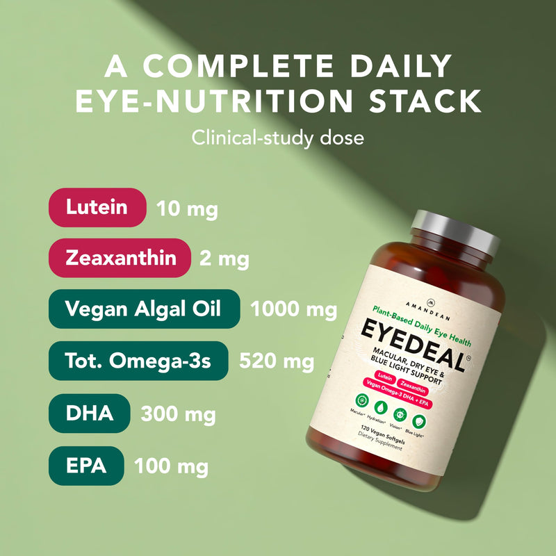 AMANDEAN EYEDEAL Lutein & Zeaxanthin + Vegan Omega-3 Eye Vitamins, 120ct | Lutein and zeaxanthin supplement, 10mg + 2mg from marigold, plus algal DHA & EPA; vegan; vision