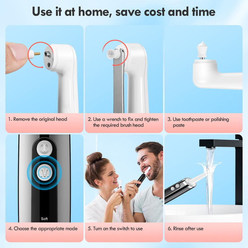 [Australia] - Rechargeable Tooth Polisher Kit for Daily Cleaning, Whitening and Polishing, Electric Dental Teeth Polisher with LED Light, 5 Brush Heads, 5 Speed Modes, Waterproof 1 Count (Pack of 1) White 