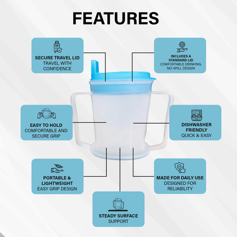 Set of Two Medisure Spill Proof Cups for Adults (300 ml) and Two Washable Adult Bibs for Elderly - Covered Drinking Cups for Adults, Waterproof Bibs for Elderly Eating, Senior Dining Aid