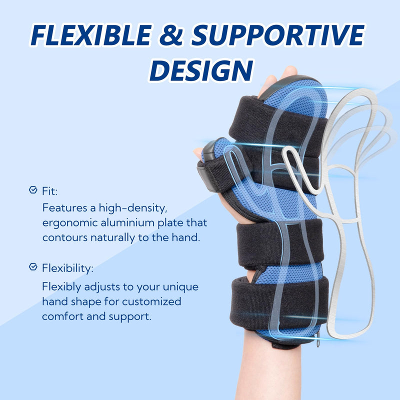 Resting Hand Splint with Finger Support for Stroke Recovery, Carpal Tunnel & Dupuytren's Contracture - Adjustable Wrist Brace for Left or Right Hand, M Blue & Black