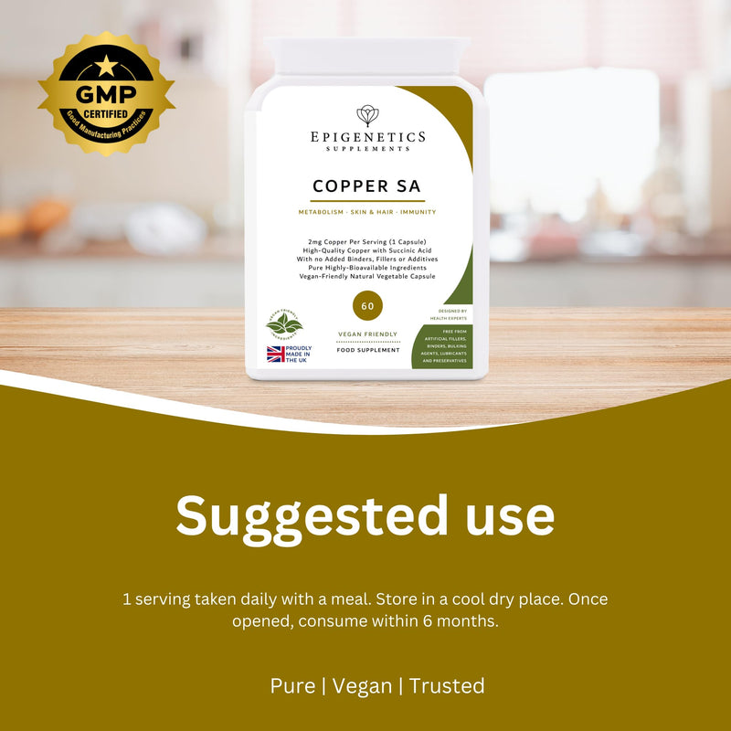 Copper SA | 2mg Copper Bisglycinate + Natural Succinic Acid Antioxidant | 60 Vegan Friendly Capsules UK Made | 1 Capsule Daily | Long 2 Month Supply by Epigenetics Supplements