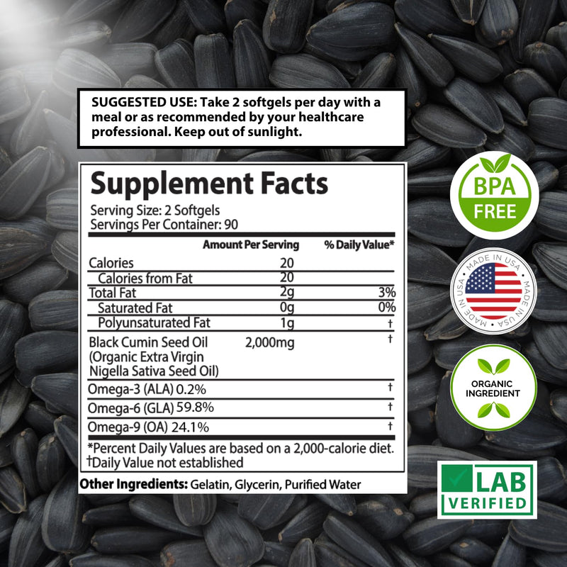 [Australia] - ORGANIC Black Seed Oil Capsules - 3 Month Supply - 180 Count (2000mg Per Serving) High Potency, Organic Cold Pressed Nigella Sativa Oil (Non-GMO) 180 Count (Pack of 1) 