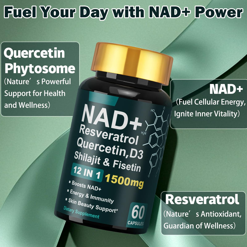Dr.HR NAD+ Resveratrol Vitamin D3 Quercetin & Fisetin, Anti Aging NAD Supplements 1500mg for Women & Men Support Energy Skin Health Vitality & Immunity 60 Capsules