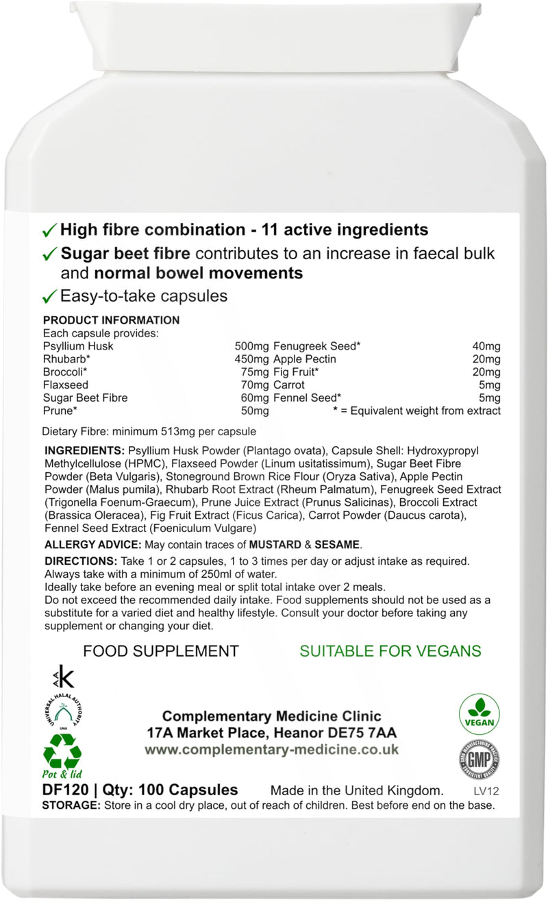 Complete Fibre Complex – High Strength Fibre Supplement for Bowel Regularity – Psyllium Husk, Flaxseed & Pectin – Soluble & Insoluble Fibre – Vegan – 100 Capsules
