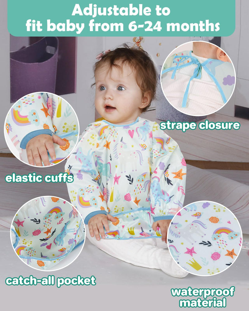 [Australia] - Lictin Baby Bibs for Boys Girls - Long Sleeve Bib, Waterproof Toddler Bibs, 0-24 Months Neutral Baby Smock for Eating Orange Elk/Light Blue Unicorn/Yellow Raccoon/Pink Hedgehog/Green Whale 