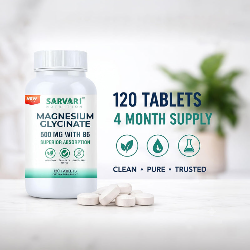 Magnesium Glycinate Supplement 500mg |120 Vegetarian Tablets, Added Vitamin B6 for Enhanced Absorption | Made in USA, 3rd Party Tested, Non-GMO & Gluten Free.