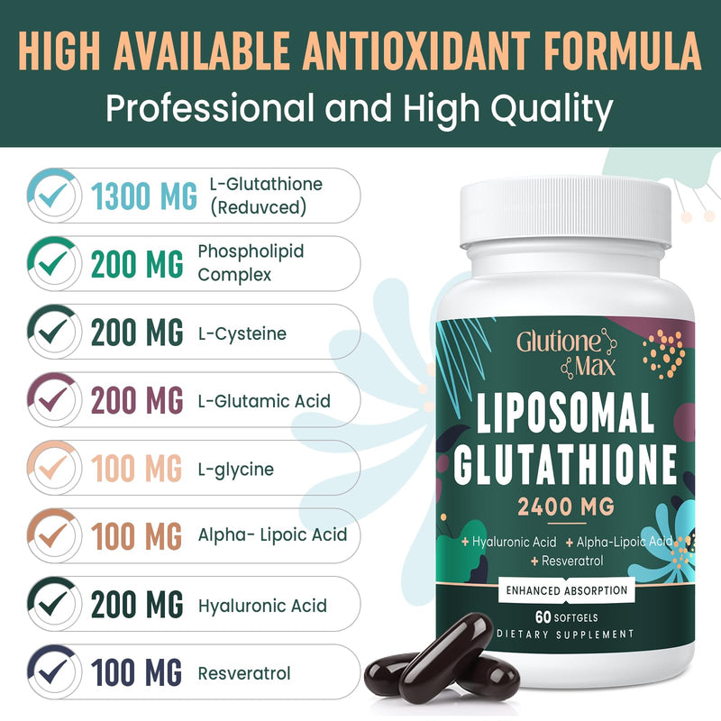 [Australia] - 2400MG Liposomal Glutathione | Max Absorption | Glutathione Supplement with Hyaluronic Acid, Resveratrol, L - Glutathione Reduced, Non - GMO Antioxidant , Energy, 60 Softgels 60 Count (Pack of 1) 