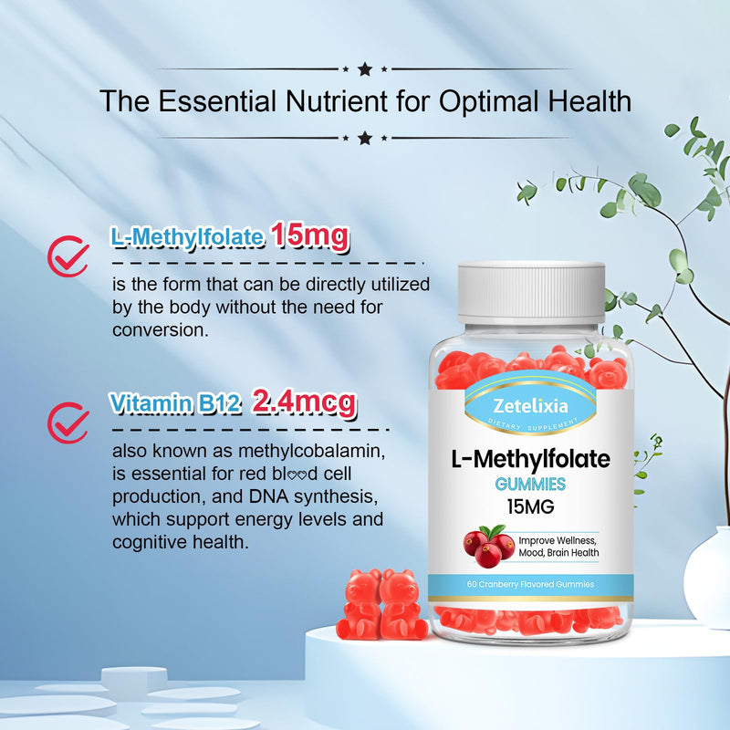 L-Methylfolate 15mg & Methyl B12 Gummies, Folate Supplement for Brain Health, Mood & Immunity, DNA Synthesis & Repair, Sugar Free, Vegan, Cranberry Flavor, 60 Count 60 Count (Pack of 1)