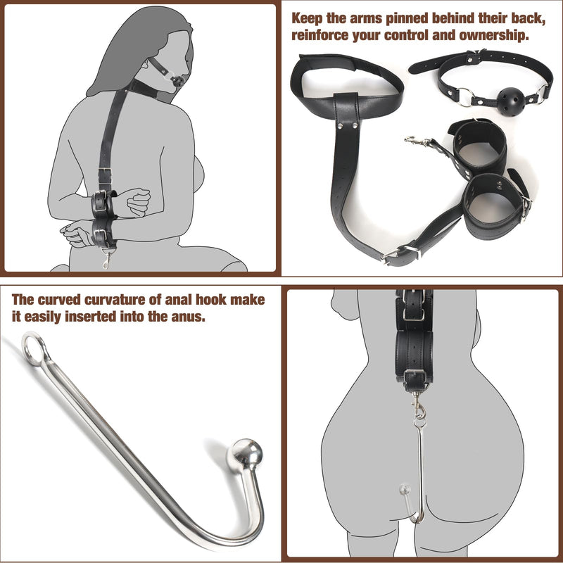 BDSM Anal Hook with Ball Gag, 2 in 1 Leather Sex Bondage Set Anal Trainer with Collar, Handcuffs & Adjustable Strap, Restraints Kit Role Play Butt Plug Fetish Slave SM Adult Sex Toys Unisex