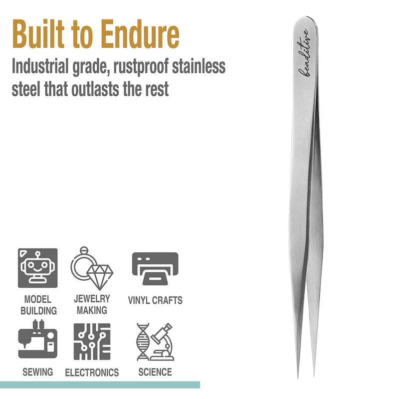 Beaditive High Precision Tweezers 3 Pack - 4.7" Craft Tweezers for Sewing, Beading & DIY Crafts - Non-Serrated Jewelry Tweezer Set with Fine Point Tips - Stainless Steel Needle Nose Hobby Tweezers