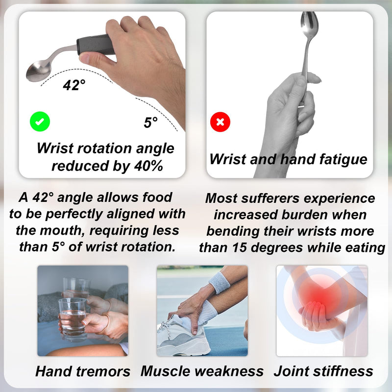 4pcs Weighted Adaptive Utensils for Hand Tremors & Parkinson's, 42° Angled Adaptive Utensils 2.5oz Weighted Silverware Set for Elderly Disabled Daily Living Assistive Gifts (Right-Handed)