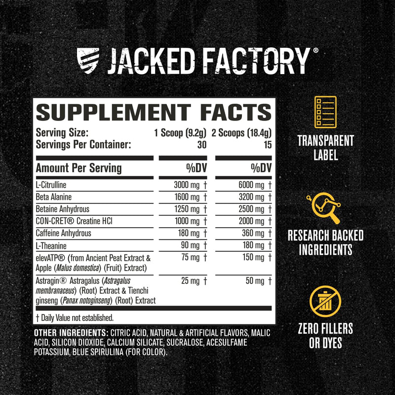 [Australia] - Jacked Factory Nitrosurge Build Pre Workout with Creatine for Muscle Building - Con Cret Creatine Powder & elevATP for Intense Energy, Powerful Pump, & Endless Endurance - 30 Servings, Blue Raspberry 30 Servings (Pack of 1) 
