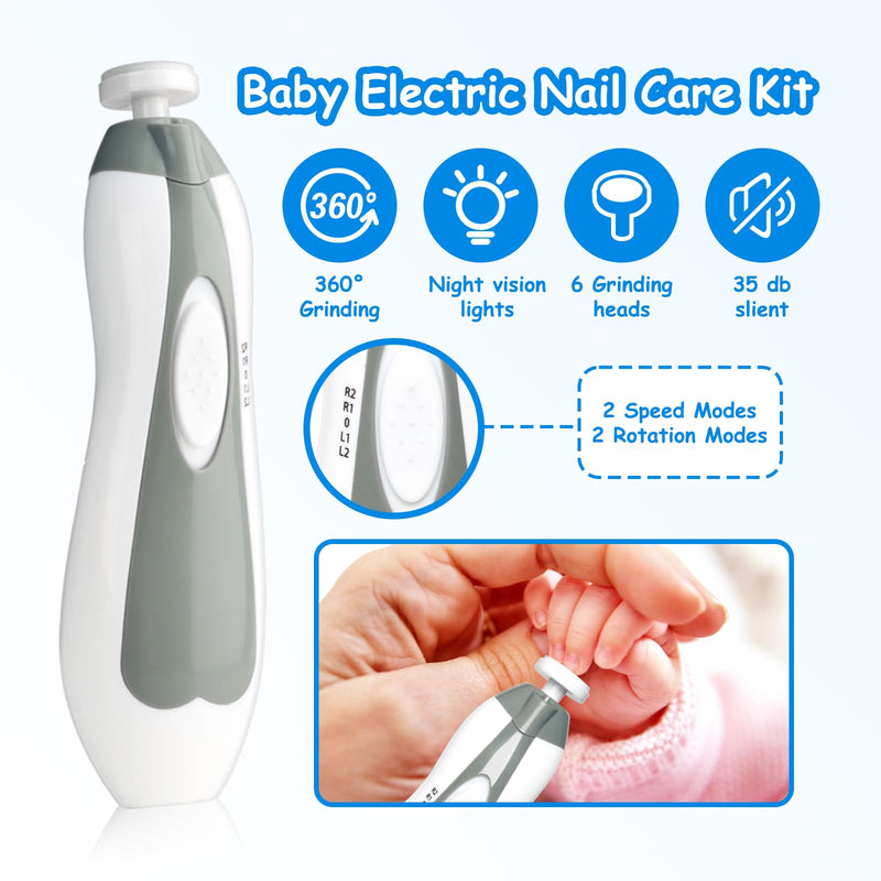 [Australia] - Baby Healthcare and Grooming Kit, 28 in 1 Portable Baby Essentials Kit Electric Nail Trimmer Set with Gas Relief Hair Brush Comb Nasal Aspirator for Newborn Boys Girls (Grey White) 28 Kits-Grey White 