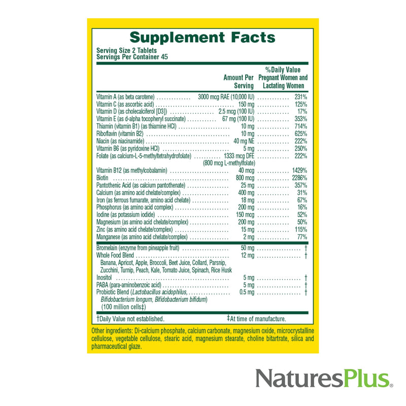 NaturesPlus Source of Life Prenatal - 90 Tablets - Multivitamin & Mineral Supplement with Iron - Nutritional Support for Pregnancy - Gluten Free, Vegetarian - 45 Servings 90 Count (Pack of 1)