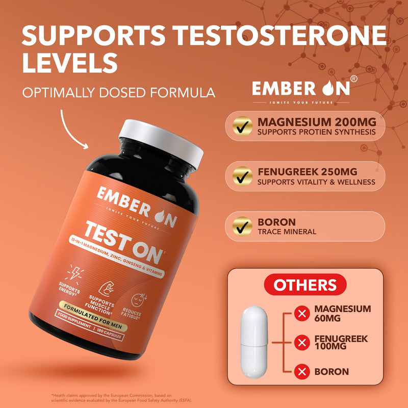 EMBER ON Test On Supplement for Men | High Strength Booster Supplements | 10-in-1 Magnesium Zinc Ashwagandha Boron Fenugreek VitD3 VitB6 VitK2 & Panax Ginseng | 180 Vegan Capsules | UK Made