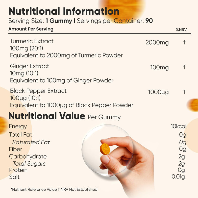 Turmeric Gummies with Black Pepper & Ginger 2100mg | 90 Vegan Gummies | Natural Lemon Flavour | 3 Months Supply | Non-GMO & Gluten Free | 3-in-1 Turmeric Supplement for Men & Women