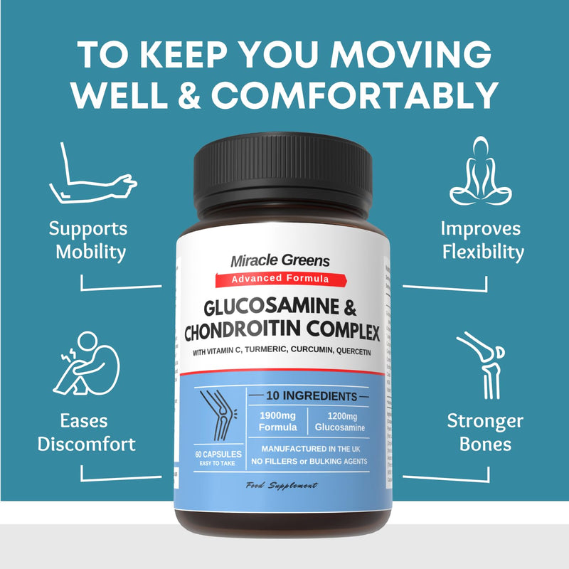 1900mg Glucosamine and Chondroitin Complex | High Strength with 10 Ingredients - Turmeric, Curcumin, Vitamin C, Quercetin, Ginger, MSM and More | Contributes to the Normal Function of Bones | UK Made