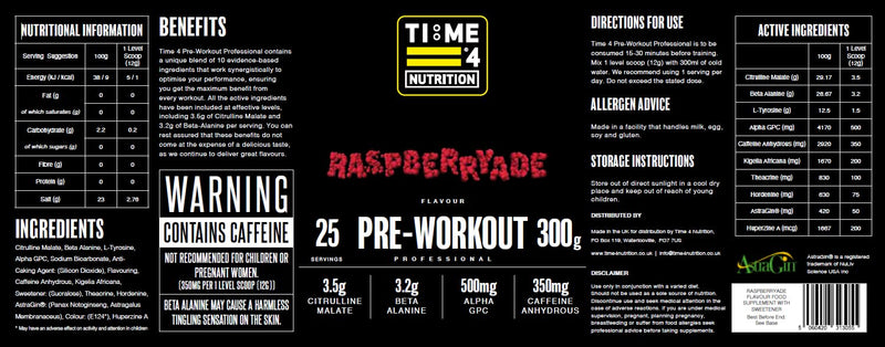Time 4 Pre Workout Professional High Strength Vegan Pre Workout Powder for Men & Women Energy Drink Zero Sugar with L Citrulline Malate, Beta Alanine, L-Tyrosine, Alpha GPC, Theacrine (Raspberryade) Raspberryade