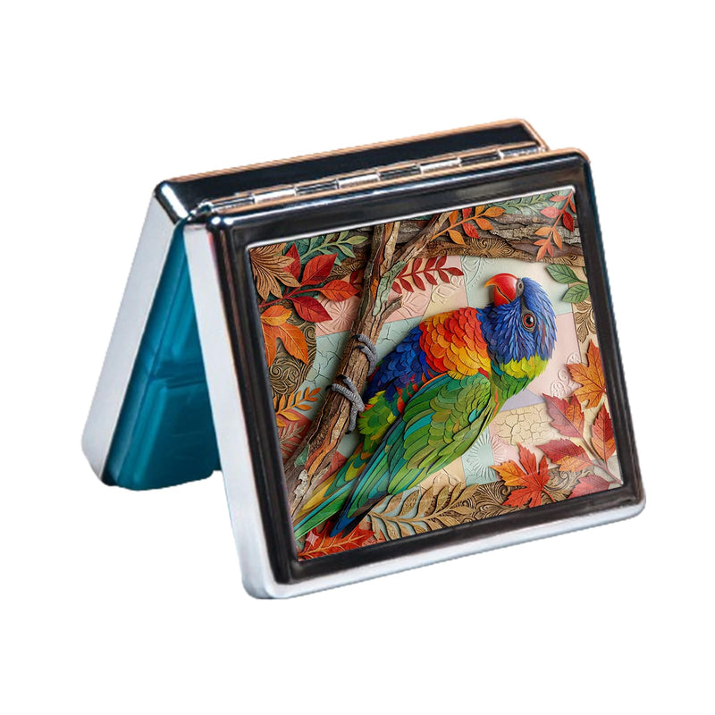 Metal 7 Day Pill Organizer, Cute Small Weekly Pill Case with 8 Compartments for Travel, Moisture-Proof Medicine Holder for Purse, Compact Daily Vitamin Box (Autumn Parrot) Autumn Parrot