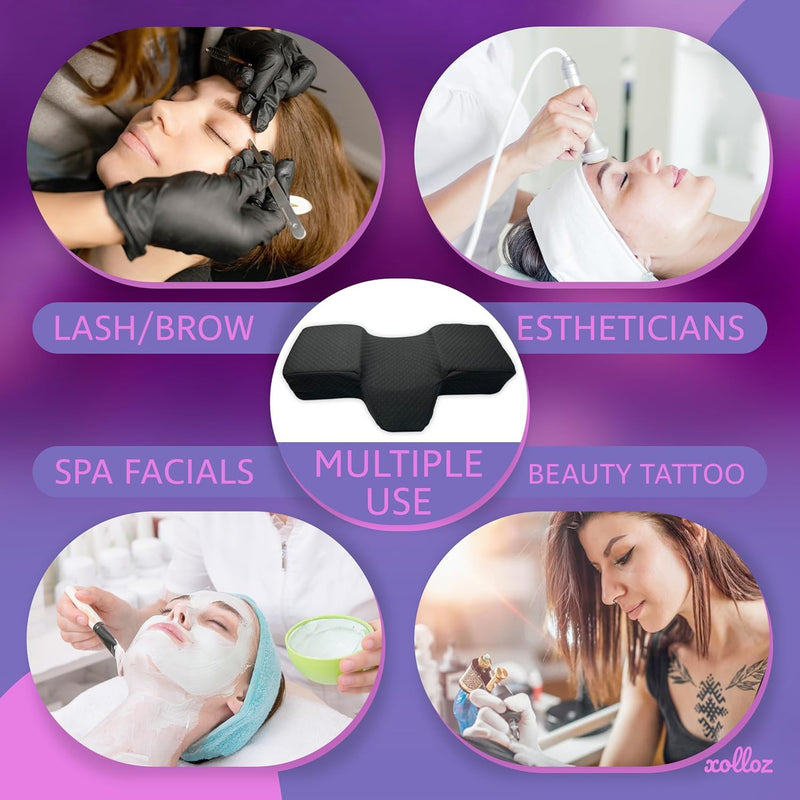 [Australia] - Lash Pillow for Eyelash Extensions - Curved Memory Foam Bed Pillow, Ergonomic Head Rest with Neck Support, Side Pockets for Tools, Fits Lash Beds for Tech – Black 