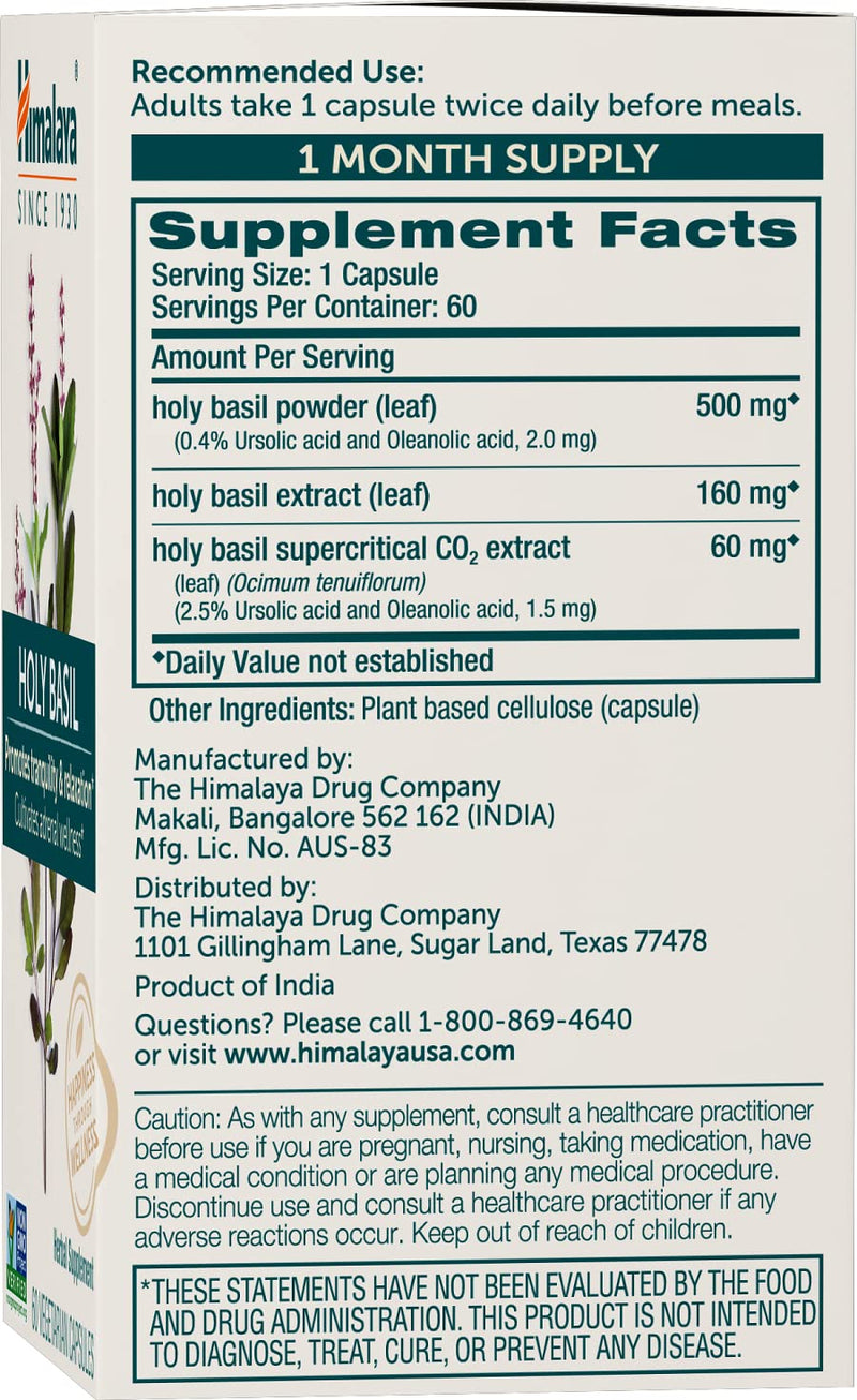 [Australia] - Himalaya Holy Basil Tulsi Herbal Supplement, Stress Relief, Relaxation, Occasional Sleeplessness, Promotes Calm, Energy Support, Ayurvedic, Non-GMO, Vegan, 720 mg, 60 Capsules, 30 Day Supply 60 Count (Pack of 1) 