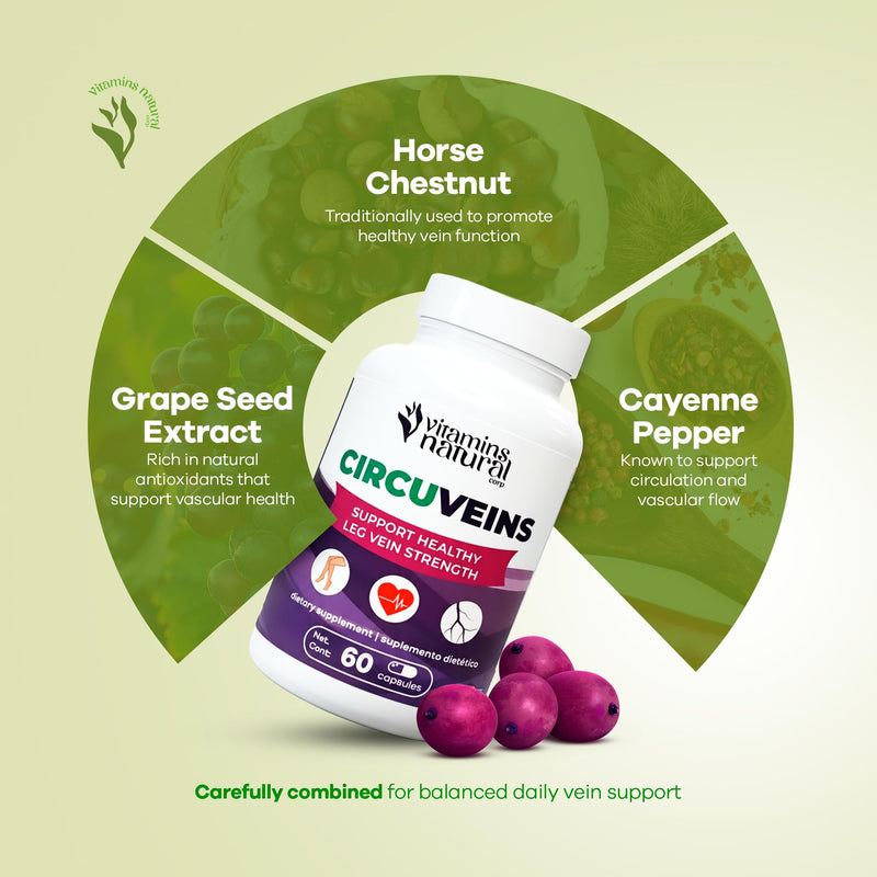 CircuVeins Leg and Vein Support Supplement 60 Caps. | With Horse Chestnut, Gotu Kola, Butcher's Broom and Grape Seed for Healthy Circulation and Leg Comfort