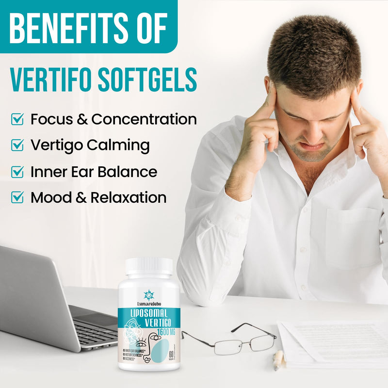 Liposomal Vertigo Softgel 1600mg, Inner Ear Balance Supplement with Ginger & Ginkgo Extract, Motion Sickness & Dizziness Balance, 60 Softgels (Pack of 2) 60 count (Pack of 2)