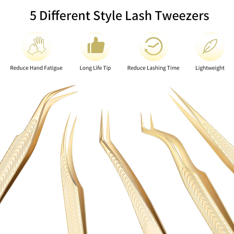 5 PCS Lash Extension Tweezers Set, Stainless Steel Professional Eyelash Extension Tweezers for Volume, Isolation and Classic Lashes 5 Pcs Lash Tweezers Set
