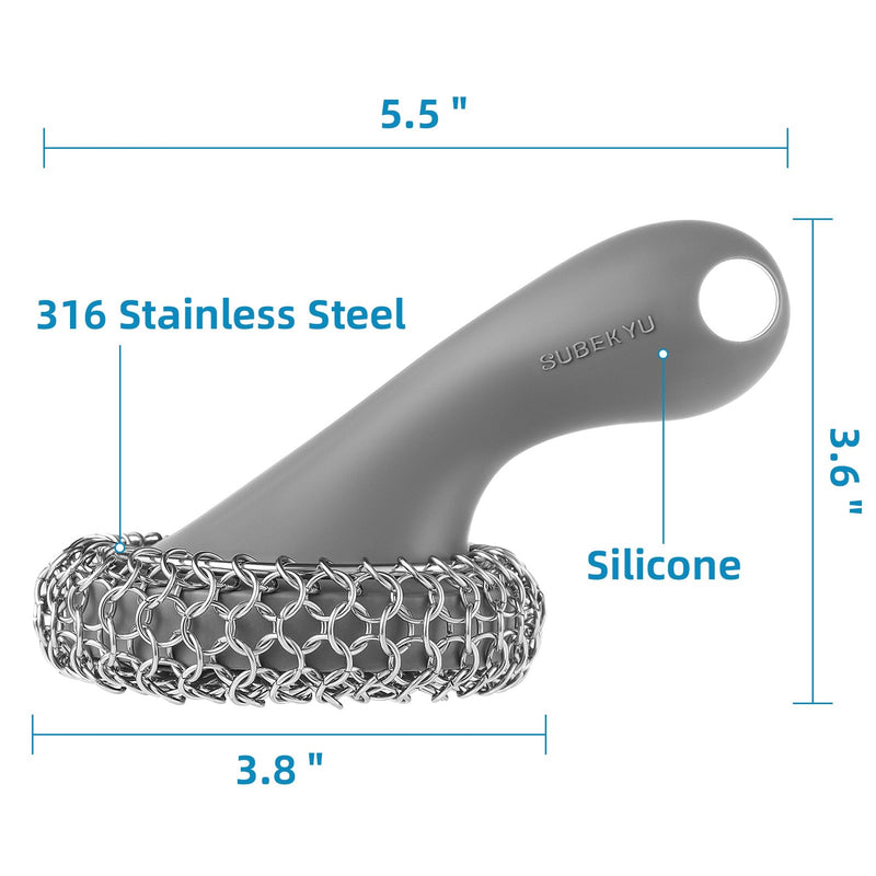 [Australia] - SUBEKYU Cast Iron Scrubber with Silicone Handle, Stainless Steel Cast Iron Skillet Cleaner Chainmail Scrubber for Cast Iron Pans, Grey Gray 